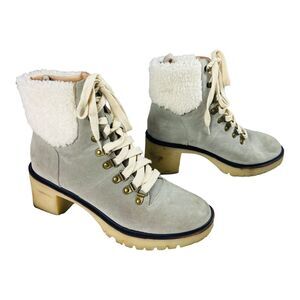 Mi.iM Women's Shearling Lace Up Ankle Winter Boots Heeled Gray White Suede 8